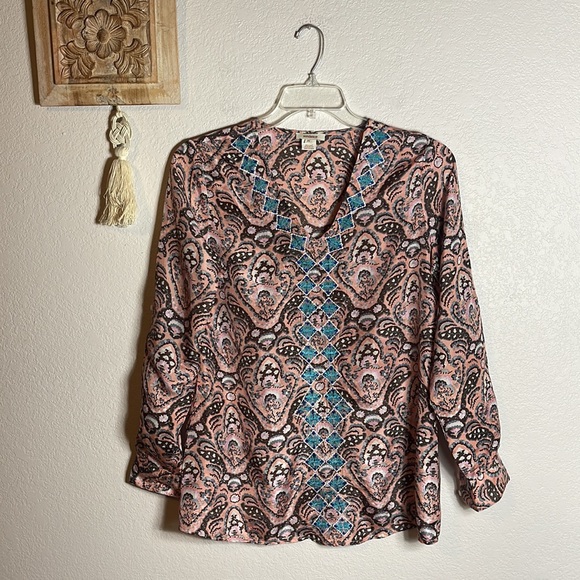 Sundance Sonora Embraces Silk Shirt Pink, Brown & Aqua Size Medium - Picture 12 of 13